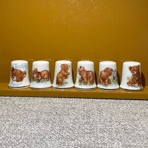 Vintage 6PC Collectible Bear-Themed Bone China Thimbles